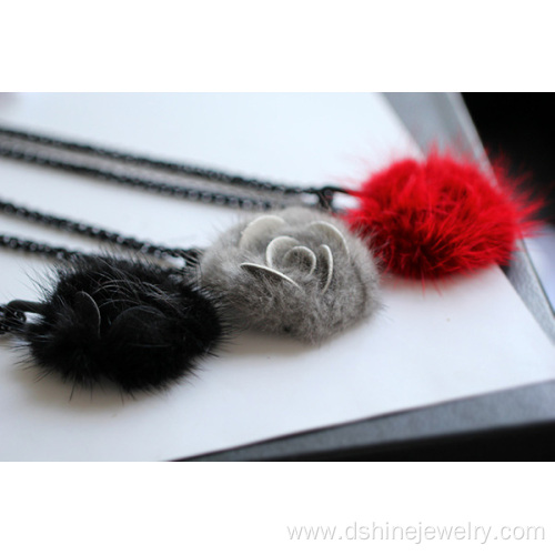 Rose Shape Fur POM POM Necklace Long Chain Necklace For Lady